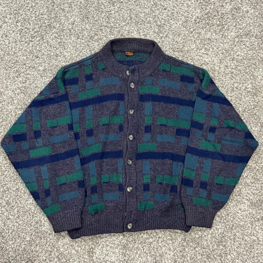 Vintage 70s Angelo Greco Geometric Knit Cardigan Sweater Blue Green Mens 2XL